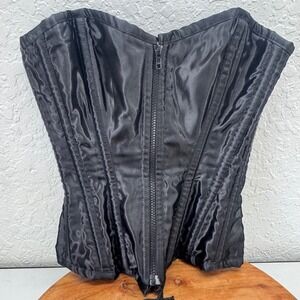 Burleska Black Satin Corset Bustier Zip Front Lace Up Boned Size 22 Small
